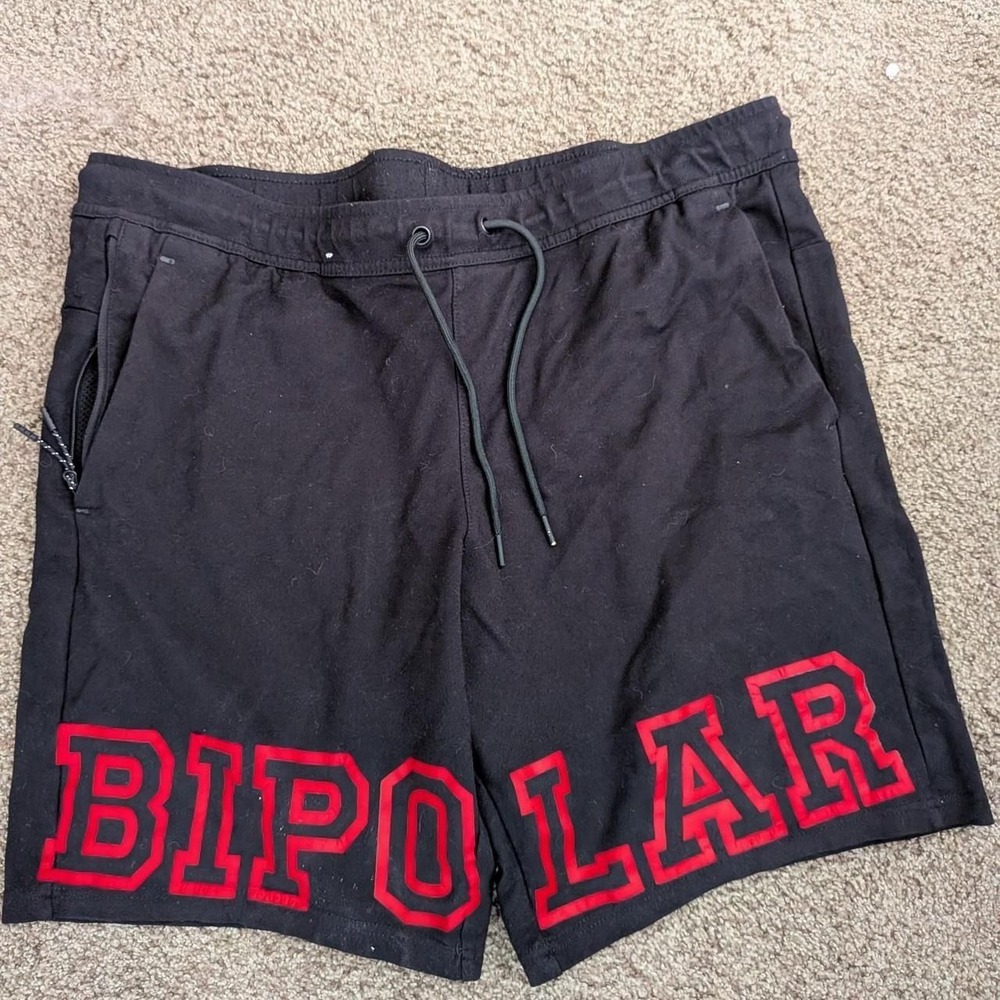 Black Athletic Shorts with Red "BIPOLAR" Text Drawstring with pockets